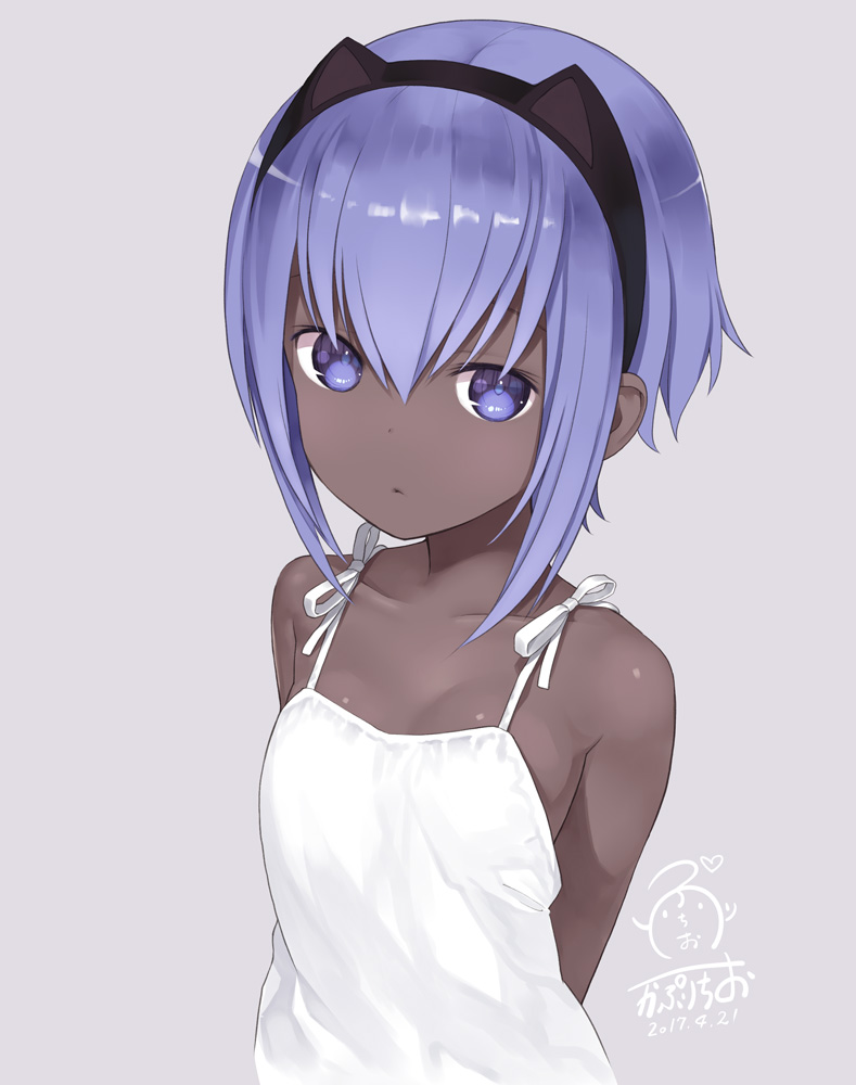 1girl arms_behind_back assassin_(fate/prototype_fragments) bangs bare_shoulders capriccio commentary_request dark_skin dated dress fate/prototype fate/prototype:_fragments_of_blue_and_silver fate_(series) hairband looking_at_viewer purple_hair ribbon short_hair simple_background solo spaghetti_strap upper_body violet_eyes white_dress younger