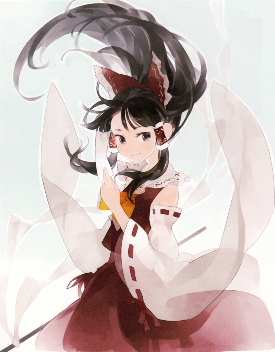 1girl ascot black_hair detached_sleeves gohei gradient gradient_background hair_ribbon hair_tubes hakurei_reimu japanese_clothes long_sleeves looking_at_viewer miko ofuda ribbon shihou_(g-o-s) shirt skirt skirt_set smile solo touhou wide_sleeves