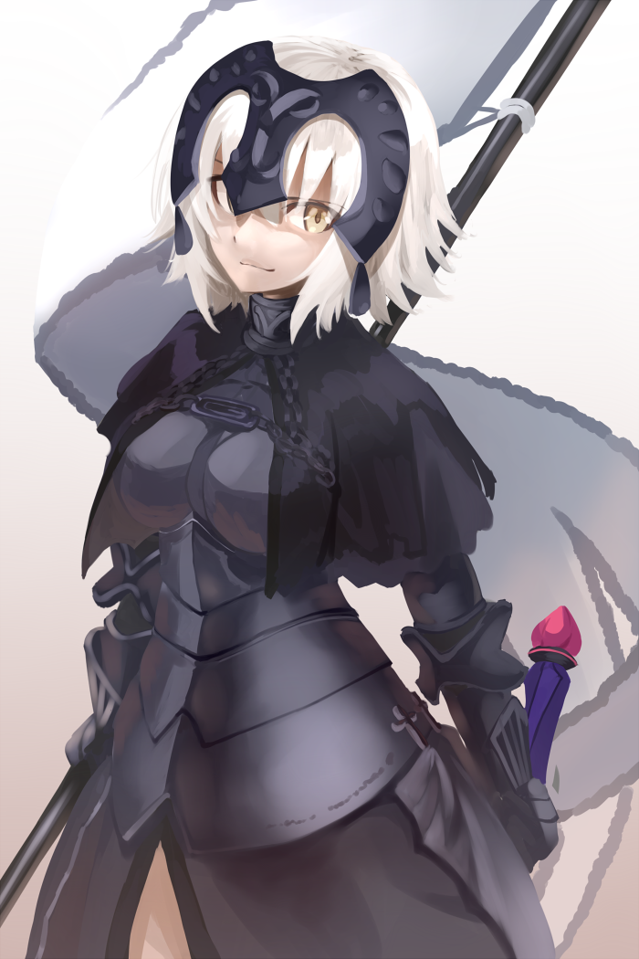 &gt;:) 1girl armor armored_dress bangs black_dress breasts capelet chains closed_mouth cowboy_shot dress fate/grand_order fate_(series) faulds flag gauntlets headpiece holding holding_sword holding_weapon jeanne_alter medium_breasts ruler_(fate/apocrypha) short_hair shunichi silver_hair solo sword weapon yellow_eyes