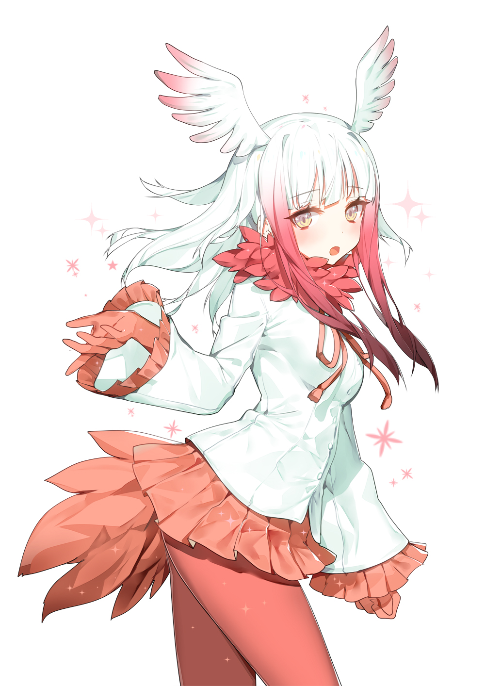 1girl breasts contrapposto crested_ibis_(kemono_friends) frilled_sleeves frills gloves gradient_hair head_wings highres japanese_crested_ibis_(kemono_friends) kemono_friends long_hair medium_breasts multicolored_hair pantyhose pleated_skirt red_gloves red_legwear redhead ronopu sidelocks simple_background skirt solo tail white_background white_hair wide_sleeves yellow_eyes