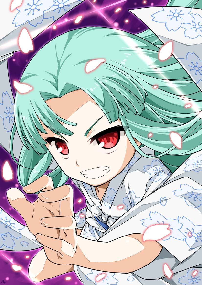 &gt;:) 1girl aqua_hair fang floral_print grin japanese_clothes kimono kiriha_(tsugumomo) long_hair looking_at_viewer minazuki_futago petals red_eyes smile solo teeth tsugumomo white_kimono