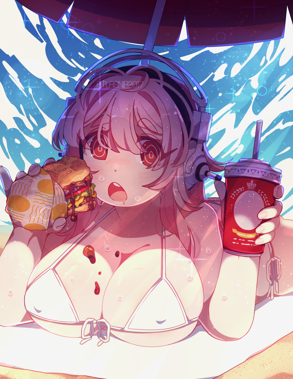 1girl bikini blush breasts cleavage drinking_straw eating food hamburger headphones highres holding large_breasts long_hair looking_at_viewer nitroplus open_mouth parasol pink_hair red_eyes ringed_eyes soda_cup solo starry_shizen super_sonico swimsuit umbrella