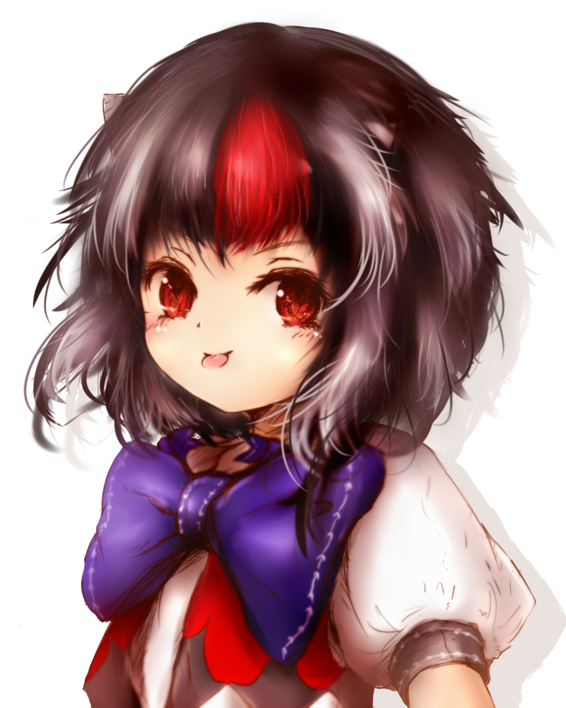 1girl :p amanojaku black_hair blush bow bowtie dress horns kijin_seija large_bow looking_at_viewer multicolored_hair puffy_short_sleeves puffy_sleeves red_eyes redhead short_sleeves smile solo streaked_hair tongue tongue_out touhou