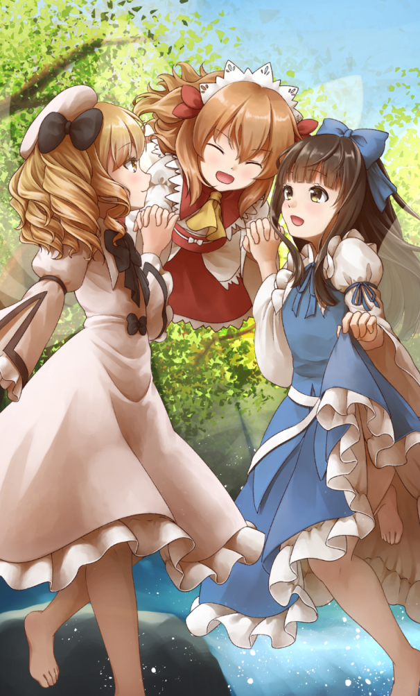 3girls ascot barefoot blonde_hair brown_hair closed_eyes dress dress_lift drill_hair fairy_wings feet flying hair_ribbon hand_holding hat headdress long_sleeves looking_at_another luna_child multiple_girls obi open_mouth orange_hair pita_(pitaani-223) profile puffy_sleeves ribbon sash smile star sunny_milk touhou tree twintails wide_sleeves wings yellow_eyes