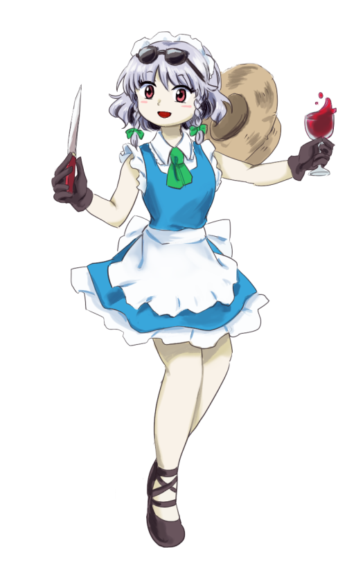 1girl :d adapted_costume alcohol apron ascot bangs bare_arms black_gloves black_shoes blue_dress blush_stickers bow braid commentary_request cup dress drinking_glass full_body gloves hair_bow hat hat_removed headwear_removed hidden_star_in_four_seasons holding holding_glass holding_knife izayoi_sakuya knife layered_clothing maid maid_apron maid_headdress oota_jun'ya_(style) open_mouth parody red_eyes shirt shoes short_dress silver_hair sleeveless sleeveless_dress sleeveless_shirt smile solo straw_hat style_parody sunglasses sunglasses_on_head touhou transparent_background twin_braids waist_apron wine wine_glass yutarou