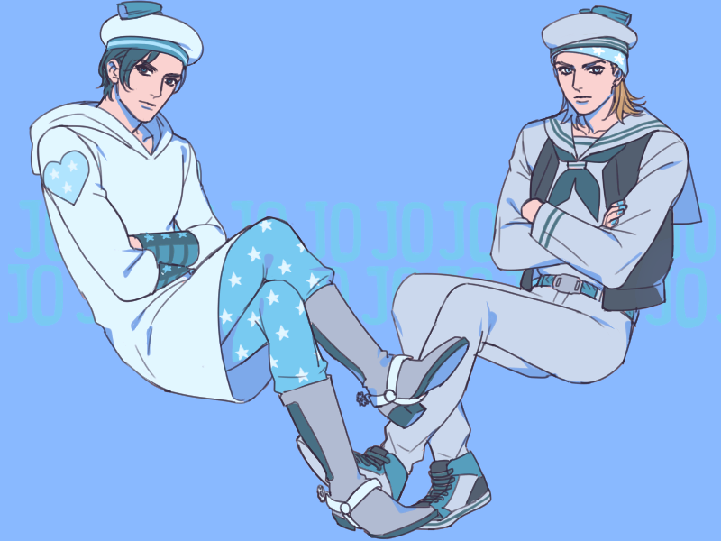 2boys aqua_nails blonde_hair blue_eyes blue_hair boots cosplay costume_switch cowboy_boots crossed_arms hat heart johnny_joestar johnny_joestar_(cosplay) jojo_no_kimyou_na_bouken jojolion kira_yoshikage_(jojolion) kira_yoshikage_(jojolion)_(cosplay) legs_crossed male_focus multiple_boys nail_polish reammara sailor sailor_hat shoes sneakers spurs star star_print vest