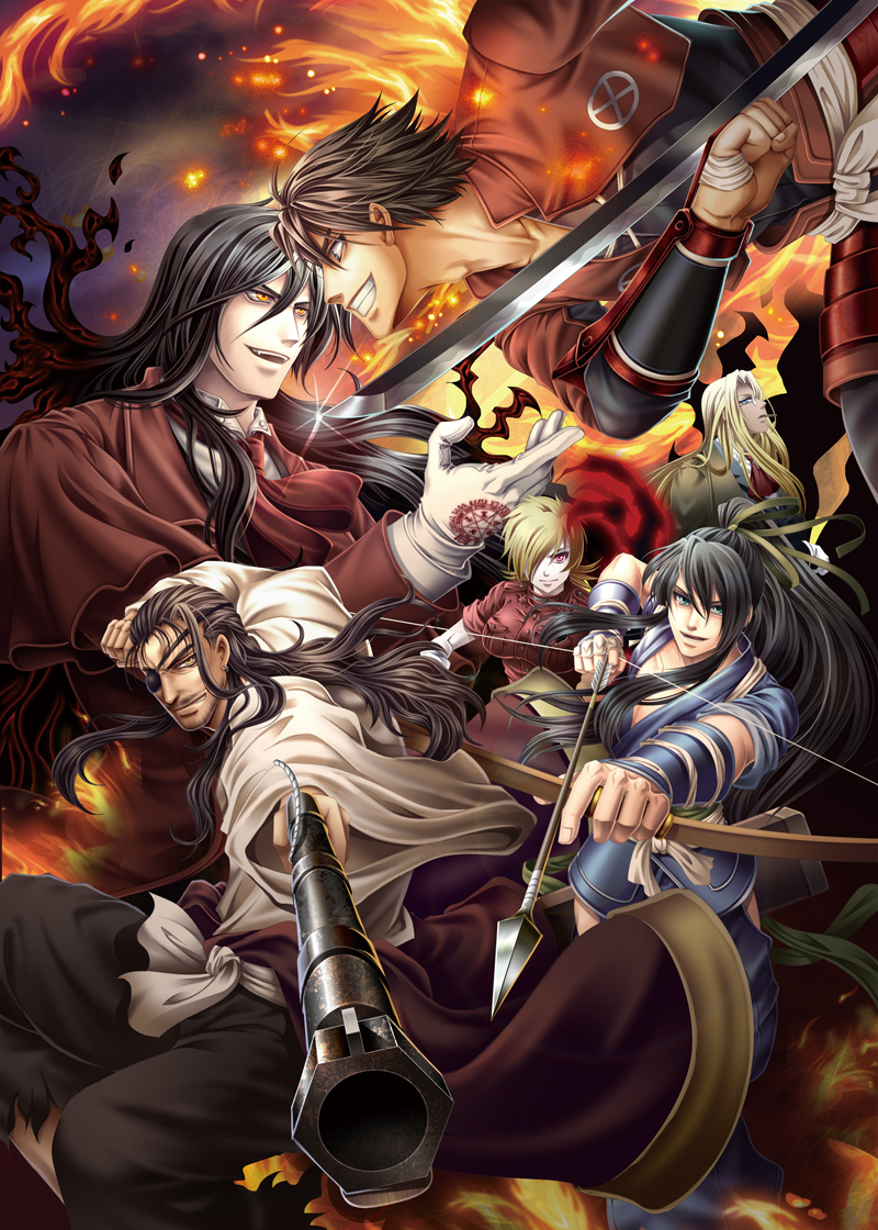 alucard_(hellsing) androgynous arrow black_hair blonde_hair blue_eyes bow_(weapon) crossover dark_skin drifters glasses gloves hair_ribbon hellsing integra_hellsing kisaragi_seika long_hair multiple_boys multiple_girls nasu_no_yoichi oda_nobunaga_(drifters) open_mouth ponytail ribbon seras_victoria shimazu_toyohisa smile weapon white_hair