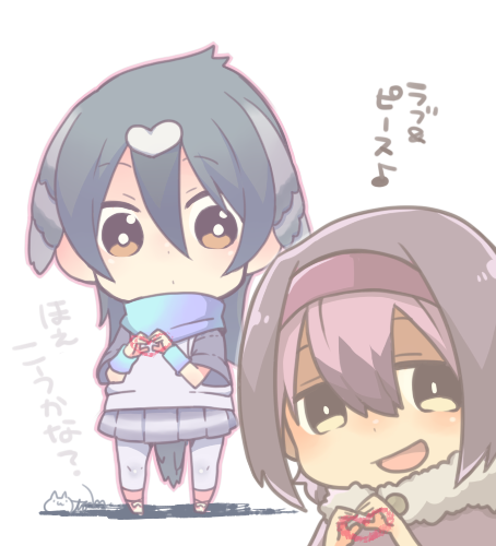 2girls :d artist_name bird_tail bird_wings black_hair blush brown_eyes brown_hair buttons chibi collar dodo_(kemono_friends) dot_nose expressionless eyebrows_visible_through_hair full_body fur_collar grey_hair grey_legwear grey_shirt grey_skirt hair_between_eyes hair_ornament hairband head_wings heart heart_hands kemono_friends long_hair looking_at_viewer lowres maora_oto multicolored multicolored_clothes multicolored_hair multicolored_skirt multiple_girls musical_note nose_blush open_mouth outline pantyhose pink_hair pink_legwear pink_outline pleated_skirt quaver raised_eyebrows ribbon rock_pigeon_(kemono_friends) scarf shadow shirt shoe_ribbon short_sleeves signature simple_background skirt smile socks_over_pantyhose standing tail tareme translation_request tsurime upper_body white_background white_ribbon wings wristband yellow_eyes yellow_footwear