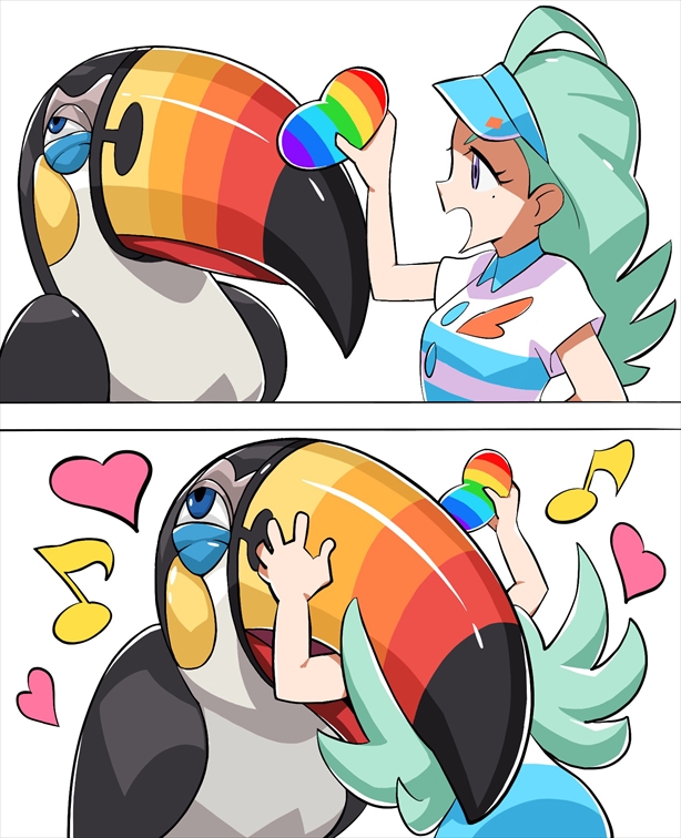 1girl 2koma ahoge aqua_hair beans bird biting comic elite_four heart instant_loss_2koma kahili_(pokemon) long_hair musical_note open_mouth pokemon pokemon_(creature) pokemon_(game) pokemon_sm protected_link quaver rainbow shirt short_sleeves silent_comic simple_background striped striped_shirt toucan toucannon tsune_kouhii violet_eyes visor_cap white_background