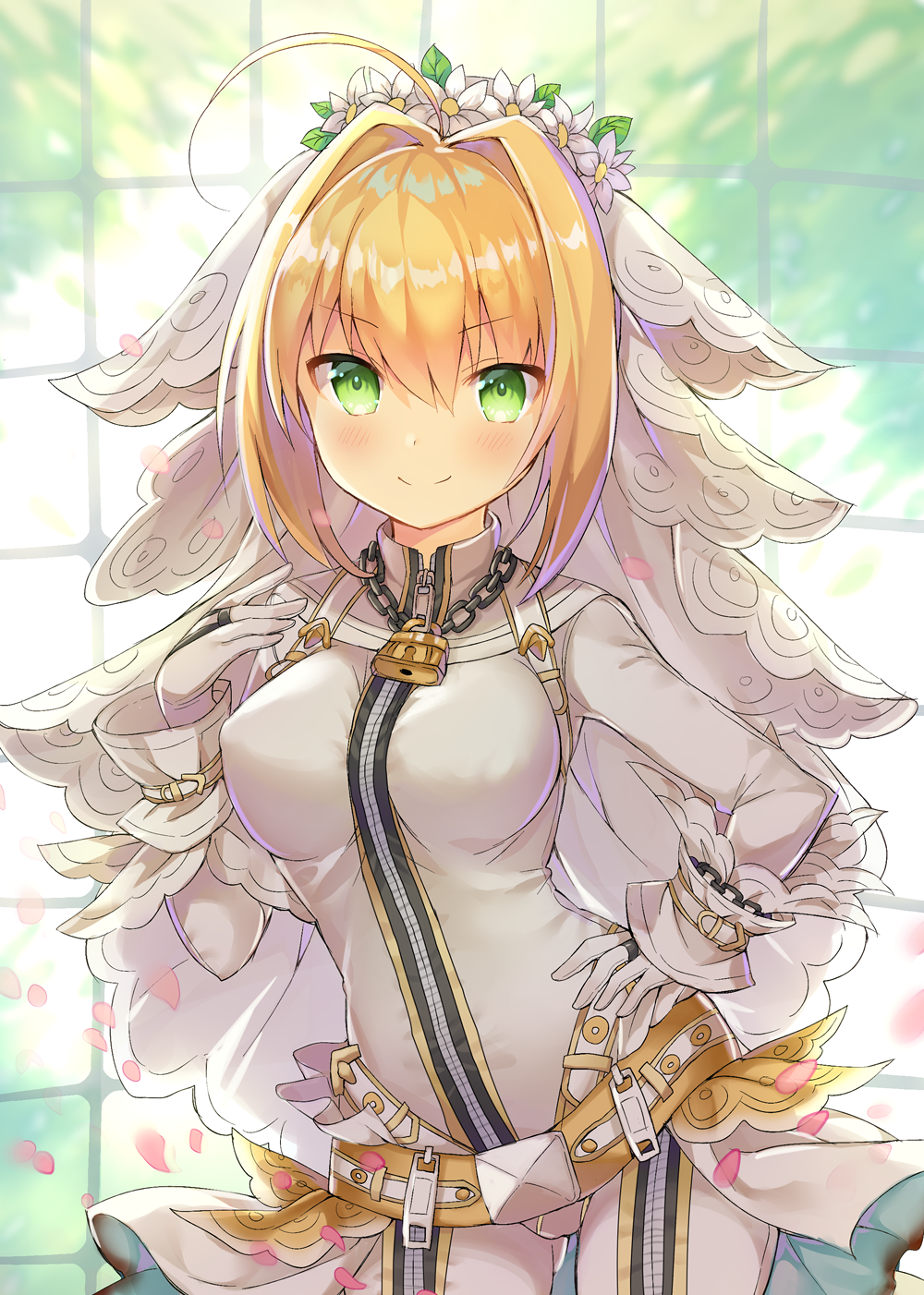 1girl ahoge belt blonde_hair blush breasts bridal_veil eyebrows_visible_through_hair fate/extra fate/extra_ccc fate_(series) gloves green_eyes hand_on_hip highres lock looking_at_viewer medium_breasts narusegawa_riko padlock petals saber_bride saber_extra short_hair smile solo standing veil white_gloves zipper