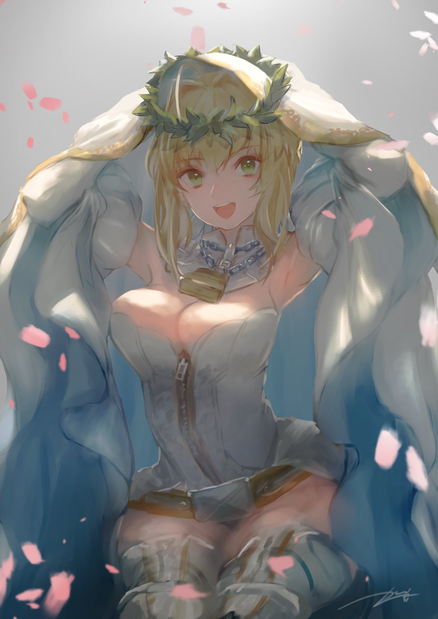 1girl ahoge arms_up artist_name belt blonde_hair breasts chains cleavage eyebrows_visible_through_hair fate/extra fate/extra_ccc fate_(series) flower gloves green_eyes highres kouzuki_kei leotard lock looking_at_viewer medium_breasts open_mouth padlock petals saber_bride saber_extra sitting smile solo teeth thigh-highs veil white_leotard zipper