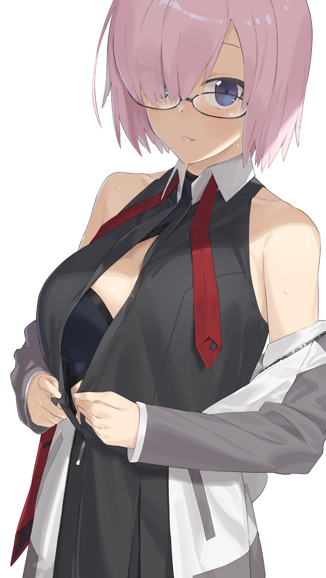 1girl armor armored_dress black_dress dress fate/grand_order fate_(series) glasses hair_over_one_eye hayashi_kewi labcoat looking_at_viewer parted_lips purple_hair shielder_(fate/grand_order) short_hair sleeveless sleeveless_dress sweat unbuttoning undressing upper_body violet_eyes