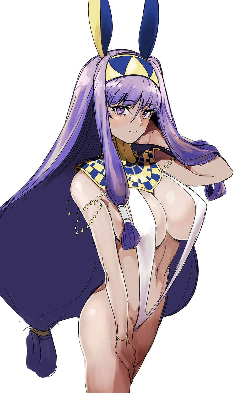 1girl animal_ears bikini breasts cleavage fake_animal_ears fate/grand_order fate_(series) foreshortening from_above hair_over_breasts hair_tubes hair_tucking hairband hand_on_own_thigh highres large_breasts long_hair looking_at_viewer low-tied_long_hair navel nitocris_(fate/grand_order) purple_hair sidelocks simple_background sling_bikini smile solo strap_gap swimsuit very_long_hair violet_eyes white_background white_bikini ysmmzr
