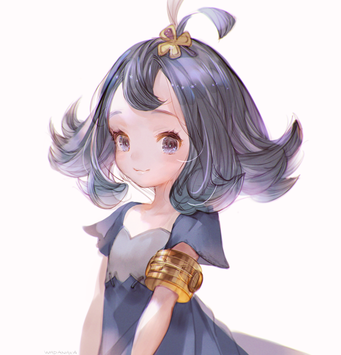 1girl acerola_(pokemon) armlet dress elite_four flipped_hair hair_ornament pokemon pokemon_(game) pokemon_sm purple_hair short_hair simple_background solo topknot trial_captain upper_body violet_eyes wadanaka_(mazurka) white_background