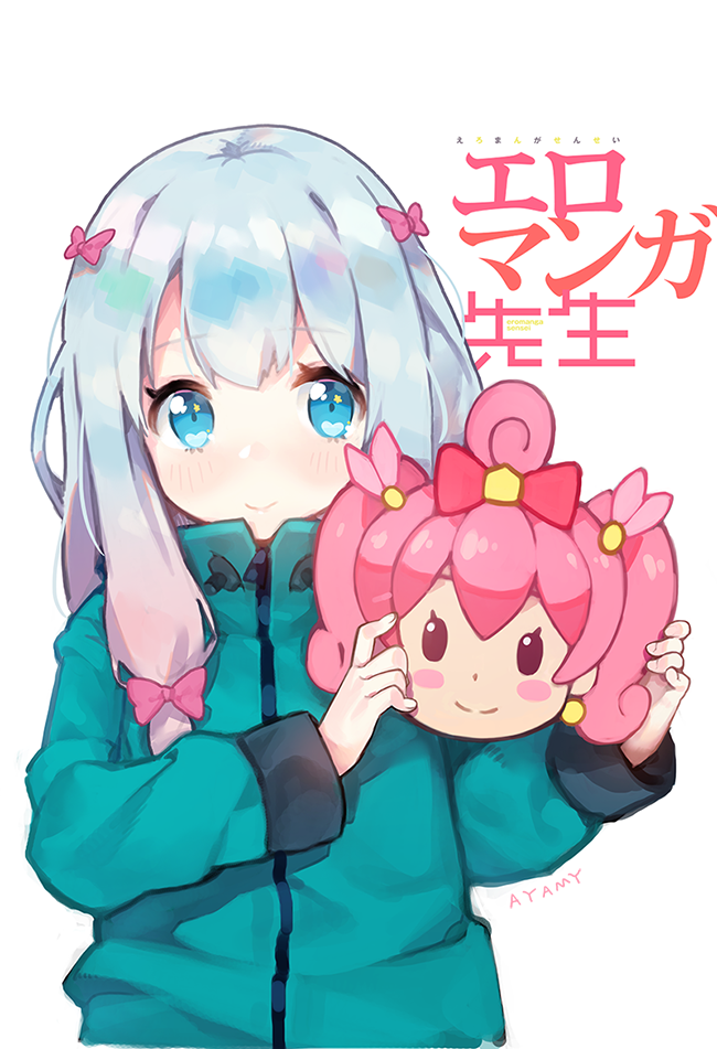 1girl artist_name ayami_(annahibi) blue_eyes blush bow eromanga_sensei hair_bow holding holding_mask hoshikuzu_witch_meruru izumi_sagiri jacket long_hair looking_at_viewer mask meruru_(oreimo) pink_bow ribbon silver_hair simple_background solo translated upper_body white_background