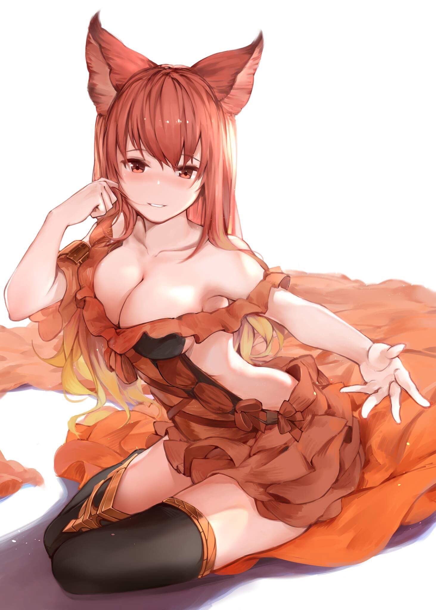 1girl animal_ears anthuria bare_shoulders black_legwear breasts cleavage dress erun_(granblue_fantasy) full_body granblue_fantasy hair_in_mouth hair_tucking hana_mori highres large_breasts long_hair looking_at_viewer outstretched_arms parted_lips red_dress red_eyes redhead side_slit sitting smile solo thigh-highs yokozuwari