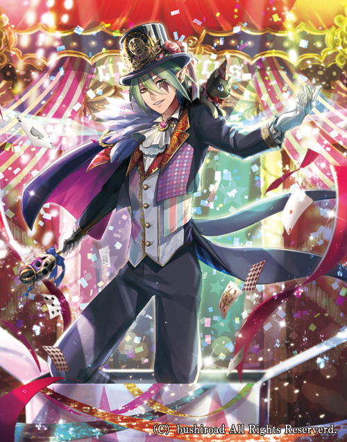 1boy bow card cardfight!!_vanguard cat company_name facial_mark feathers flower full_body gift gloves green_eyes green_hair hat long_hair male_focus miracle_of_luna_square_clifford official_art pointy_ears riko_(pixiv_8741772) skull solo sparkle staff teeth