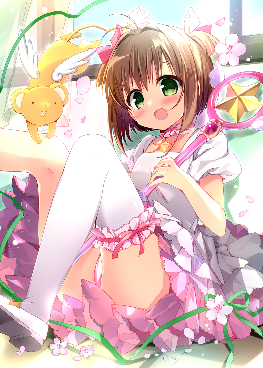 1girl blush brown_hair card_captor_sakura dress green_eyes highres kerberos kinomoto_sakura nagayama_yuunon open_mouth panties pink_panties pink_ribbon ribbon short_hair solo thigh-highs underwear white_dress white_legwear wings