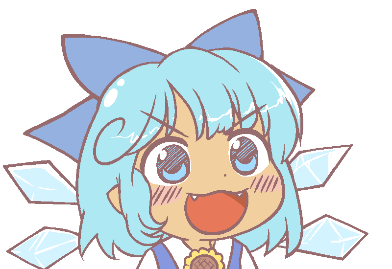 &gt;:3 1girl :3 blue_bow blue_dress blue_eyes blue_hair blush_stickers bow cirno dot_nose dress eyebrows_visible_through_hair fangs flower gyate_gyate hair_bow hair_ornament hidden_star_in_four_seasons ice ice_wings ikiyouz looking_at_viewer meme open_mouth pointy_ears shirt short_hair smile solo sunflower tan tareme touhou transparent_background white_shirt wings
