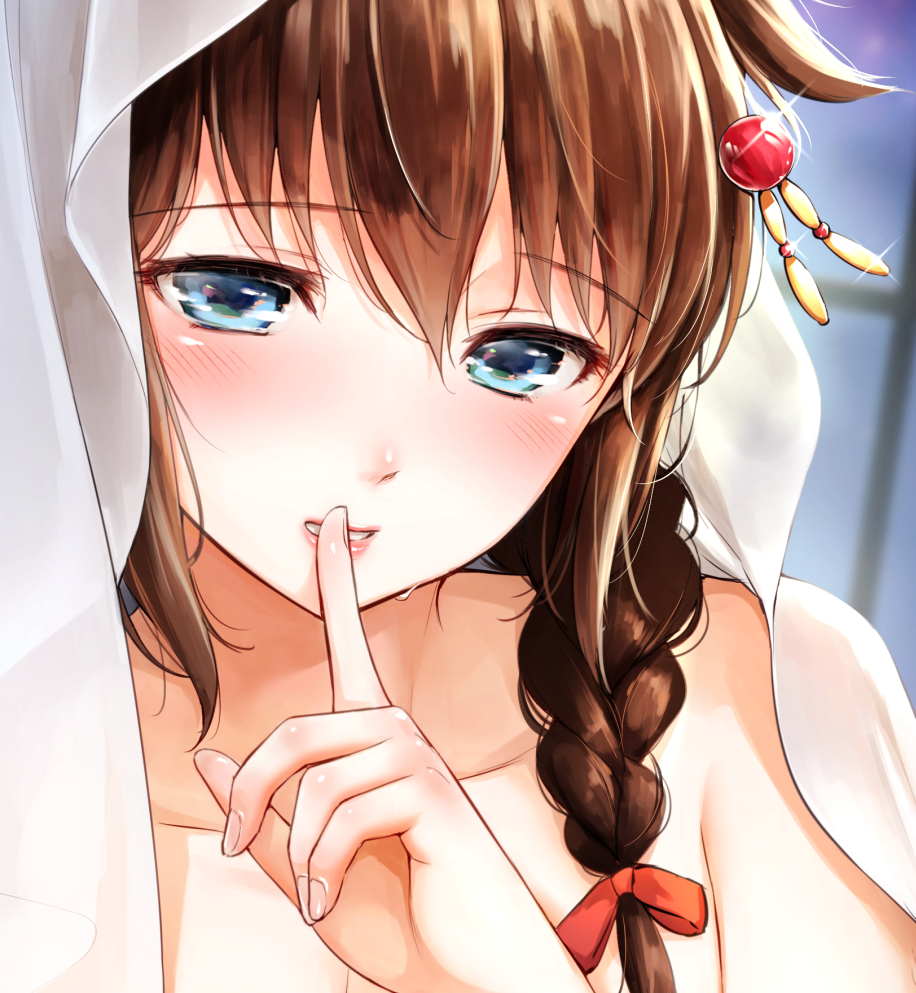 1girl bangs barefoot blanket blue_eyes blurry blurry_background blush braid brown_hair close-up collarbone commentary_request eyebrows_visible_through_hair eyelashes face finger_to_mouth fingernails hair_between_eyes hair_flaps hair_ornament hair_over_shoulder hair_ribbon hairpin head_tilt index_finger_raised kantai_collection lips long_hair looking_at_viewer pink_lips red_ribbon remodel_(kantai_collection) ribbon shigure_(kantai_collection) shiny shiny_hair shushing single_braid solo sweat topless umakuchi_shouyu_(into-rain) under_covers