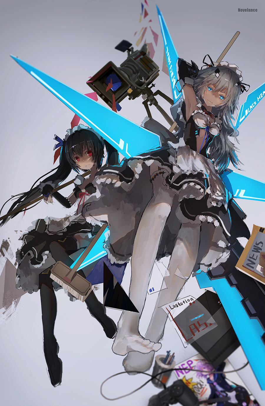 2girls alternate_costume apron arm_up armpits artist_name black_gloves black_hair black_heart black_legwear blue_eyes book bow bowtie breasts cable character_name choujigen_game_neptune controller dress dual_persona elbow_gloves english enmaided frilled_dress frills from_above full_body game_console game_controller gamepad garter_straps gloves grey_background guitar highres holding instrument long_hair looking_at_viewer maid maid_headdress mechanical_wings medium_breasts mop multiple_girls neptune_(choujigen_game_neptune) neptune_(series) no_shoes noire novelance playstation_4 red_eyes revision ribbon-trimmed_apron ribbon_trim sleeveless sleeveless_dress thigh-highs twintails video_camera white_hair white_legwear wings