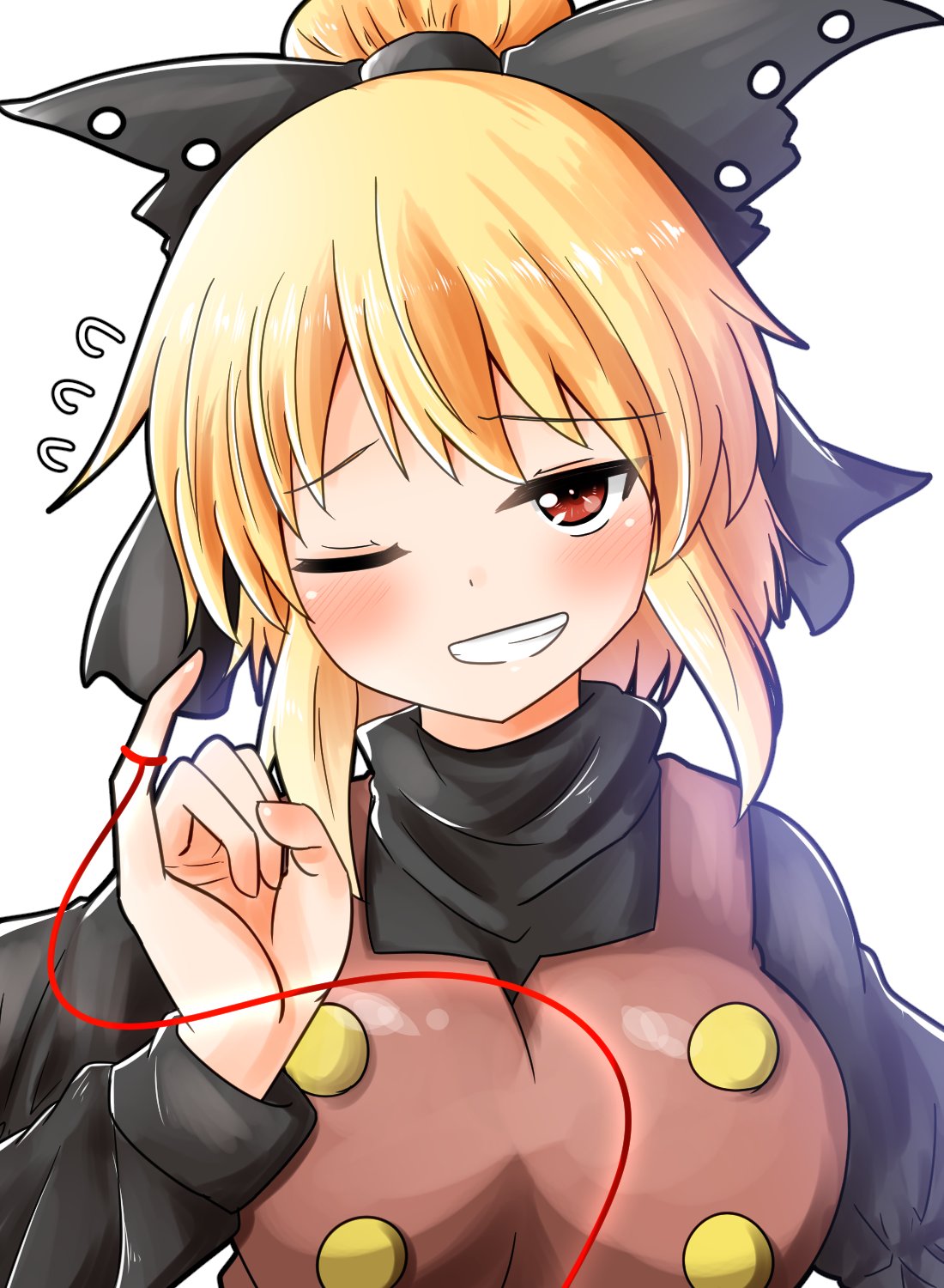 1girl black_bow black_shirt blonde_hair bow brown_vest buttons flying_sweatdrops grin hair_bow highres kurodani_yamame long_sleeves looking_at_viewer one_eye_closed oshiaki pinky_out red_eyes red_string shirt sidelocks smile solo string string_around_finger touhou turtleneck upper_body white_background