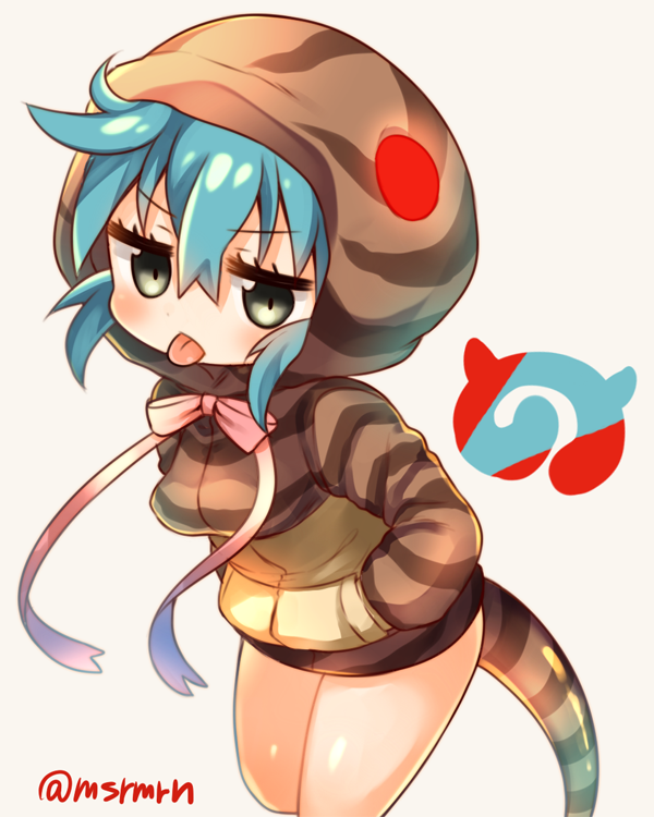 1girl animal_hood animal_print blue_hair blush bow bowtie breasts grey_eyes half-closed_eyes hands_in_pockets hood japari_symbol kemono_friends looking_at_viewer marshmallow_mille medium_breasts pink_ribbon ribbon simple_background snake_tail solo tail tongue tongue_out tsuchinoko_(kemono_friends) twitter_username white_background