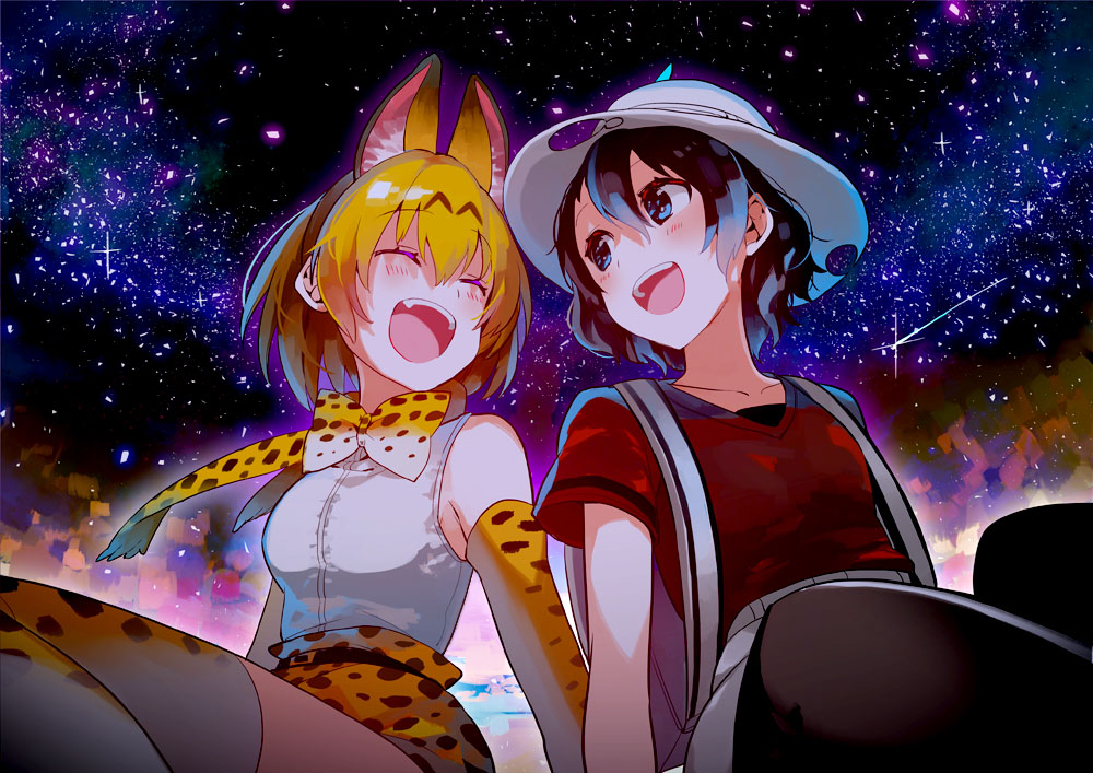 2girls :d ^_^ animal_ears backpack bag bare_shoulders black_hair blonde_hair blue_eyes blush bow bowtie bucket_hat closed_eyes collarbone commentary_request elbow_gloves falling_star gloves hair_between_eyes hat kaban_(kemono_friends) kashi-k kemono_friends laughing looking_at_another multiple_girls open_mouth pantyhose red_shirt serval_(kemono_friends) serval_ears serval_print shirt short_hair sitting skirt sky sleeveless smile star_(sky) starry_sky thigh-highs wavy_hair |d