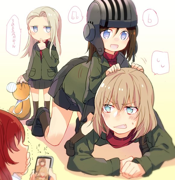 3girls all_fours bandage bangs beamed_quavers black_hair black_legwear black_shoes black_skirt blonde_hair blue_eyes boko_(girls_und_panzer) cellphone clara_(girls_und_panzer) cyrillic fang girls_und_panzer green_jacket grimace helmet holding holding_cellphone holding_phone holding_stuffed_animal jacket katyusha loafers long_hair long_sleeves looking_at_another looking_back mikan-uji minim miniskirt multiple_girls musical_note nonna open_mouth phone piggyback pleated_skirt pravda_school_uniform red_shirt riding role_reversal russian school_uniform shirt shoes short_hair sitting skirt smartphone smile socks spoken_sweatdrop standing stuffed_animal stuffed_toy sweatdrop swept_bangs teddy_bear thumb_sucking translation_request trembling turtleneck younger