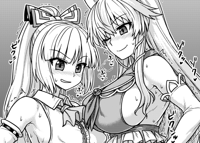 &gt;:) &gt;;) 2girls adapted_costume armpits ascot bangs bare_shoulders blush bow breasts detached_sleeves elbow_gloves ex-keine from_side fujiwara_no_mokou gloves hair_bow heavy_breathing itou_yuuji kamishirasawa_keine large_breasts long_hair monochrome multiple_girls nose_blush parted_lips ponytail sideboob sidelocks sweat touhou trembling
