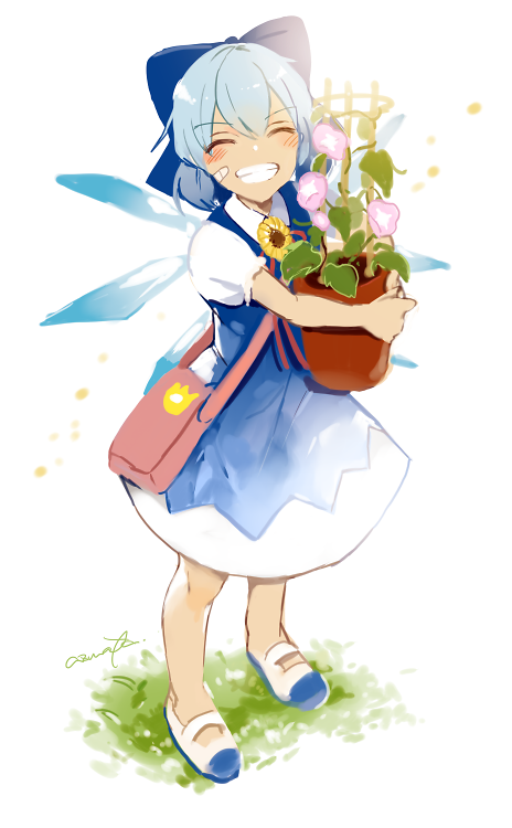 1girl ^_^ azuma_aya bandaid bandaid_on_face blue_bow blue_dress blue_hair blue_shoes blush bow carrying cirno closed_eyes dress facing_viewer flower flower_pot full_body grass grin hair_between_eyes hair_bow hidden_star_in_four_seasons ice ice_wings morning_glory object_hug pink_flower puffy_short_sleeves puffy_sleeves shoes short_sleeves signature smile solo standing sunflower tan touhou white_background wings yellow_flower