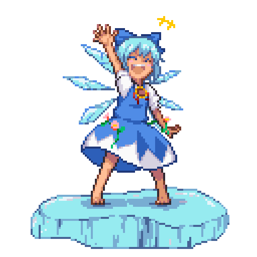 ajia_(otya3039) barefoot blue_bow blue_dress blue_hair bow cirno closed_eyes dress flower hand_up hidden_star_in_four_seasons ice ice_wings pixel_art smile sunflower tan touhou transparent_background waving wings