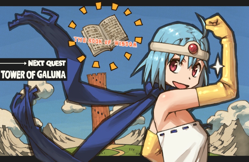 1girl blue_hair circlet dragon_quest dragon_quest_iii elbow_gloves gloves open_mouth red_eyes sage_(dq3) shoe-ji short_hair smile solo