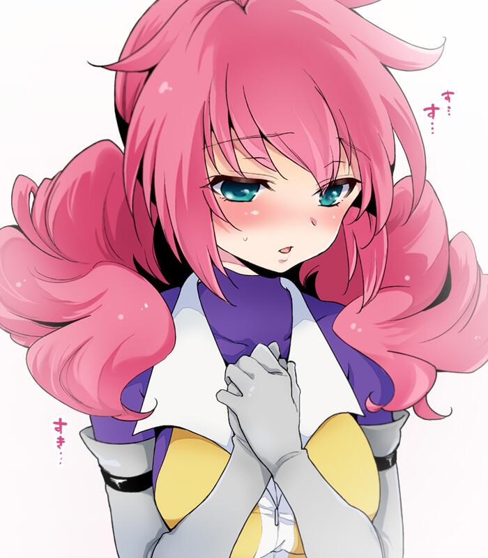 1girl blush commentary_request drill_hair elbow_gloves eyebrows_visible_through_hair feldt_grace gloves green_eyes gundam gundam_00 hands_clasped long_hair pink_hair plum_(arch) simple_background solo twin_drills twintails upper_body white_background zipper