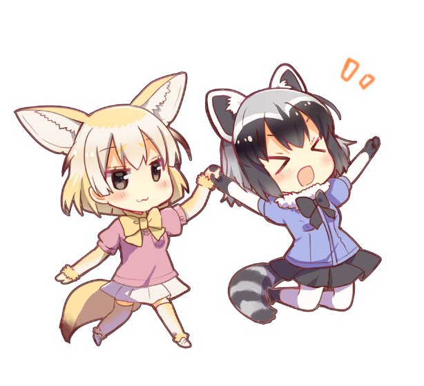 &gt;_&lt; /\/\/\ 2girls :3 :d animal_ears arm_at_side arms_up black_eyes black_footwear black_gloves black_hair black_ribbon black_shoes black_skirt blonde_hair blue_shirt breast_pocket brown_hair chibi closed_eyes collar common_raccoon_(kemono_friends) eyebrows_visible_through_hair eyelashes facing_away fennec_(kemono_friends) fox_ears fox_tail full_body fur_collar fur_trim gloves gradient_hair grey_hair hand_holding happy jitome jumping kemono_friends loafers looking_at_another multicolored_hair multiple_girls neck_ribbon no_nose open_mouth pantyhose pink_sweater pleated_skirt pocket puffy_short_sleeves puffy_sleeves raccoon_(kemono_friends) raccoon_ears raccoon_tail ribbon shiny shiny_hair shiroi_hakuto shirt shoes short_sleeve_sweater short_sleeves simple_background skirt smile striped_tail sweater tail thigh-highs walking white_background white_footwear white_gloves white_hair white_legwear white_shoes white_skirt xd yellow_gloves yellow_legwear yellow_ribbon zettai_ryouiki
