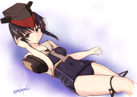 1girl asymmetrical_hair bare_arms bare_shoulders black_hair brown_eyes clothes_writing hair_between_eyes hand_on_headphones hat headphones i-13_(kantai_collection) kantai_collection mashayuki sailor_collar school_swimsuit short_hair solo swimsuit twitter_username