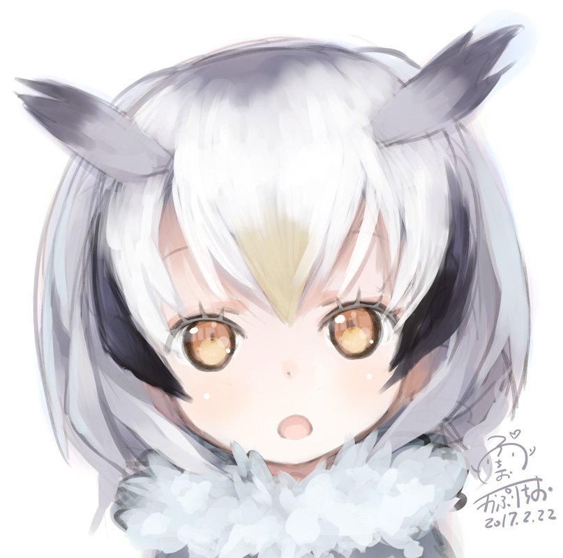 1girl 2017 :o black_hair blonde_hair capriccio collar dated dot_nose eyelashes fur_collar gradient_hair grey_hair kemono_friends light_brown_eyes looking_at_viewer multicolored_hair northern_white-faced_owl_(kemono_friends) open_mouth portrait shiny shiny_skin short_hair signature simple_background solo tsurime white_background white_hair
