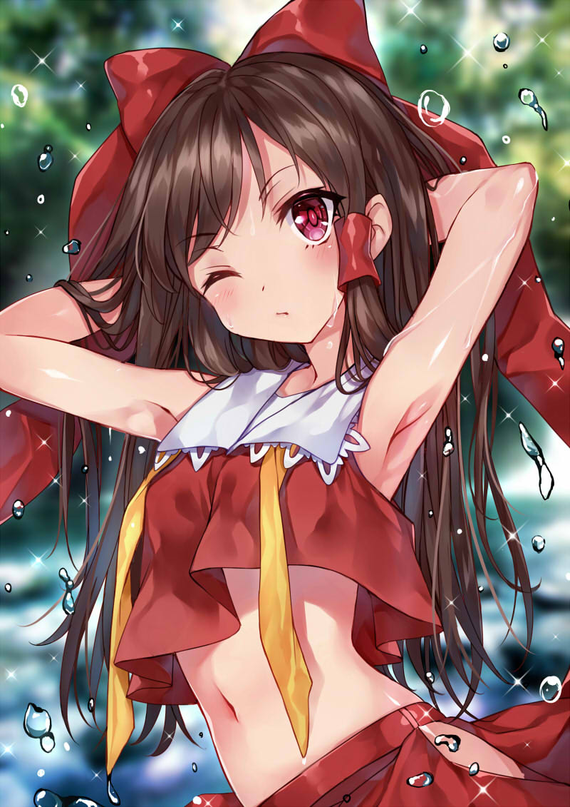 1girl ;/ armpits arms_behind_head arms_up bare_arms bare_shoulders black_hair blurry blush bow breasts closed_mouth crop_top depth_of_field hair_bow hair_tubes hakurei_reimu hip_vent komazuki_(komaworks240) long_hair looking_at_viewer navel neck_ribbon red_bow red_eyes red_skirt ribbon shirt skirt sleeveless sleeveless_shirt small_breasts solo stomach touhou untied upper_body water water_drop