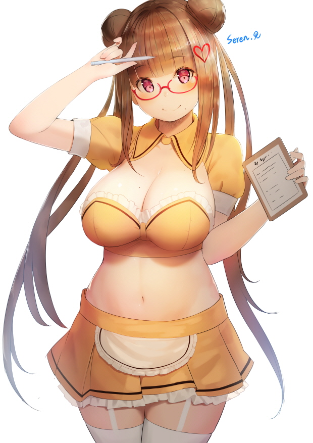 1girl breasts brown_hair double_bun garter_straps large_breasts long_hair looking_at_viewer midriff mole mole_on_breast mole_under_mouth navel original pen rak_(kuraga) simple_background skirt smile solo thigh-highs thighs very_long_hair white_background white_legwear