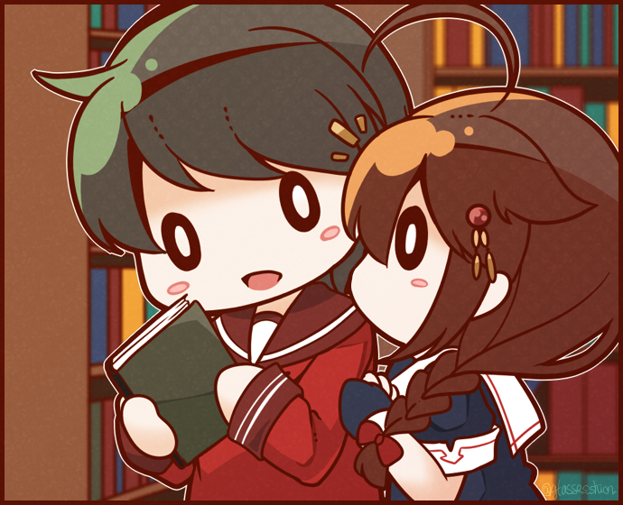 2girls ahoge black_hair black_serafuku bloom2425 blush_stickers book braid brown_hair chibi hair_flaps hair_ornament hair_ribbon kantai_collection mogami_(kantai_collection) multiple_girls remodel_(kantai_collection) ribbon school_uniform serafuku shigure_(kantai_collection) short_hair