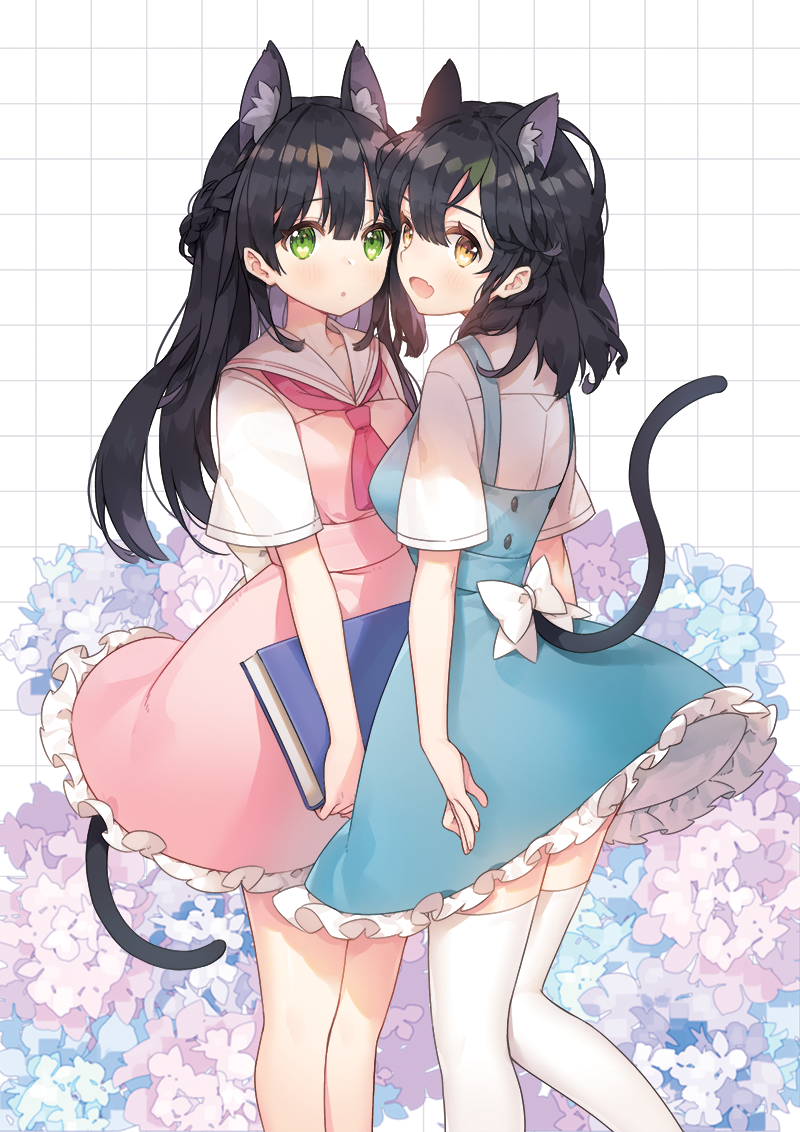 2girls animal_ears arm_at_side ayami_(annahibi) black_hair blue_dress book braid brown_eyes cat_ears cat_girl cat_tail cowboy_shot dress floral_background flower french_braid green_eyes hair_between_eyes holding holding_book hydrangea looking_at_viewer multiple_girls open_mouth original pink_dress short_dress short_hair tail thigh-highs thighs wavy_hair white_legwear