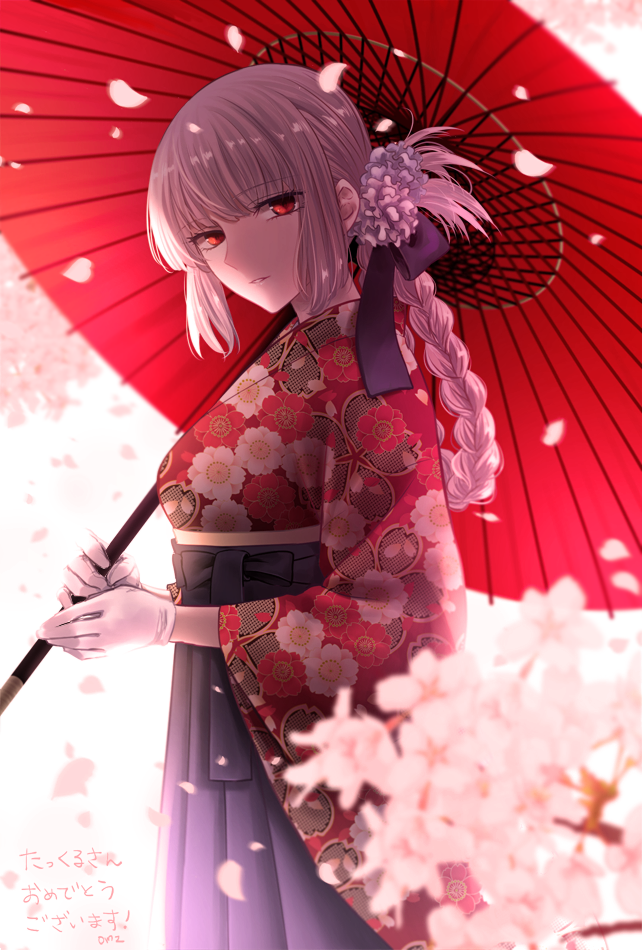 1girl braid breasts fate/grand_order fate_(series) floral_print florence_nightingale_(fate/grand_order) flower hair_flower hair_ornament japanese_clothes kimono lavender_hair long_hair looking_at_viewer medium_breasts obi parted_lips red_eyes sash solo standing sushimaro yukata