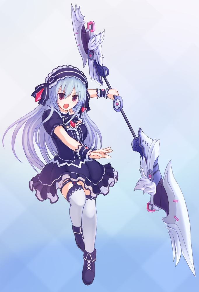 1girl bow earrings fairy_fencer_f frills hairband jewelry lolita_hairband long_hair looking_at_viewer open_mouth polearm red_eyes ribbon skirt spear suta_(clusta) tiara_(fairy_fencer_f) weapon white_hair