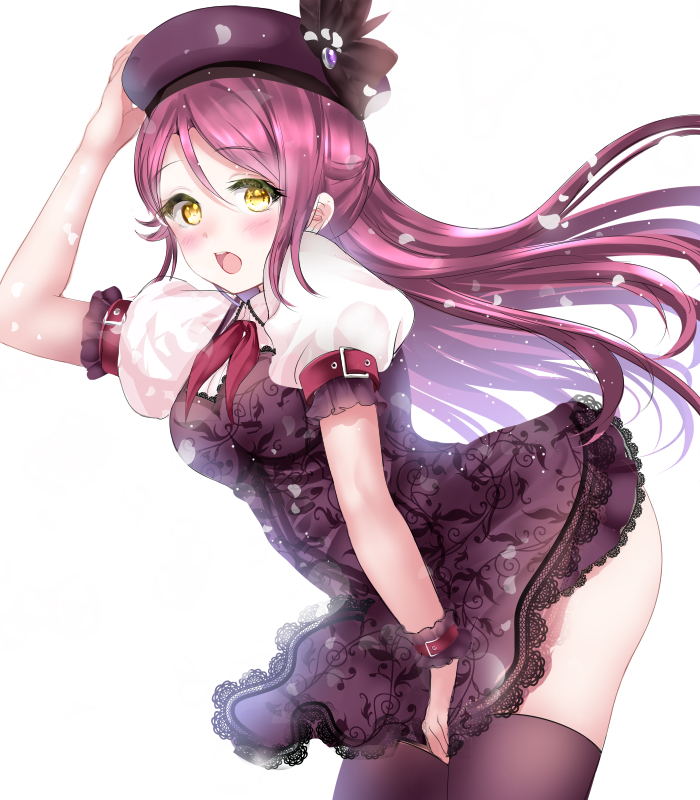 1girl belt blush covering dress embarrassed eyebrows_visible_through_hair from_side gorua_(youce01) hair_between_eyes hair_ornament hand_on_headwear hat long_hair long_sleeves looking_at_viewer love_live! love_live!_sunshine!! no_panties open_mouth puffy_short_sleeves puffy_sleeves redhead revision ribbon sakurauchi_riko short_dress short_sleeves simple_background skirt skirt_tug solo thigh-highs white_background wind wind_lift yellow_eyes