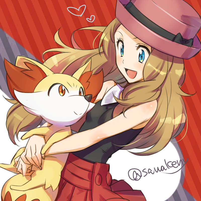 1girl :d bare_arms bare_shoulders black_ribbon black_shirt blonde_hair blue_eyes blush breasts brown_hair closed_mouth collared_shirt fennekin hat hat_ribbon heart holding kanimaru long_hair looking_at_another looking_down looking_up open_mouth orange_eyes pink_hat pleated_skirt pokemon pokemon_(anime) pokemon_(creature) pokemon_xy_(anime) red_skirt ribbon serena_(pokemon) shiny shiny_hair shirt skirt sleeveless sleeveless_shirt small_breasts smile striped striped_background twitter_username