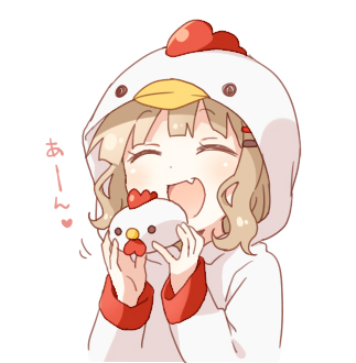 1girl ^_^ animal_hood blonde_hair blush closed_eyes dot_nose eyebrows_visible_through_hair eyelashes facing_viewer fang food hair_ornament hairclip heart holding holding_food hood long_sleeves lowres medium_hair motion_lines namori oomuro_sakurako open_mouth pajamas rooster_costume shiny shiny_hair shiny_skin simple_background sleeve_cuffs solo upper_body white_background year_of_the_rooster yuru_yuri |d