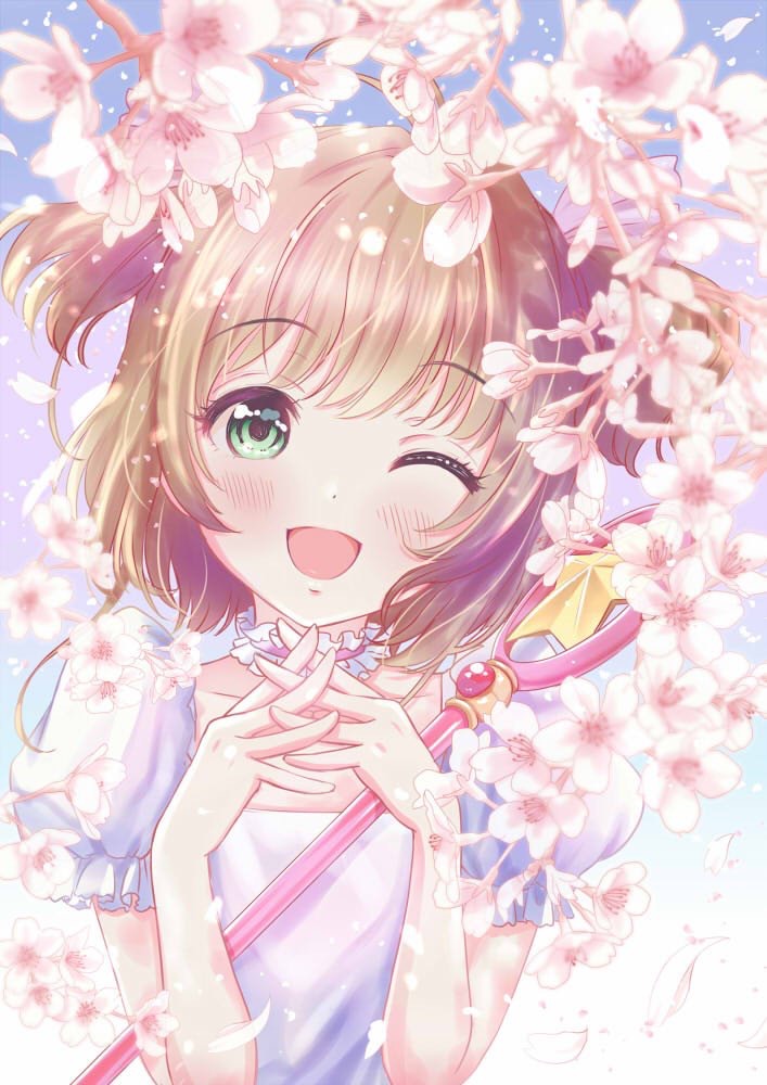 1girl ;d blush brown_hair card_captor_sakura cherry_blossoms choker collarbone day eyebrows_visible_through_hair green_eyes kinomoto_sakura looking_at_viewer one_eye_closed open_mouth outdoors pink_flower shirt short_hair short_sleeves smile solo staff standing two_side_up upper_body white_shirt yuuki_(yukinko-02727)