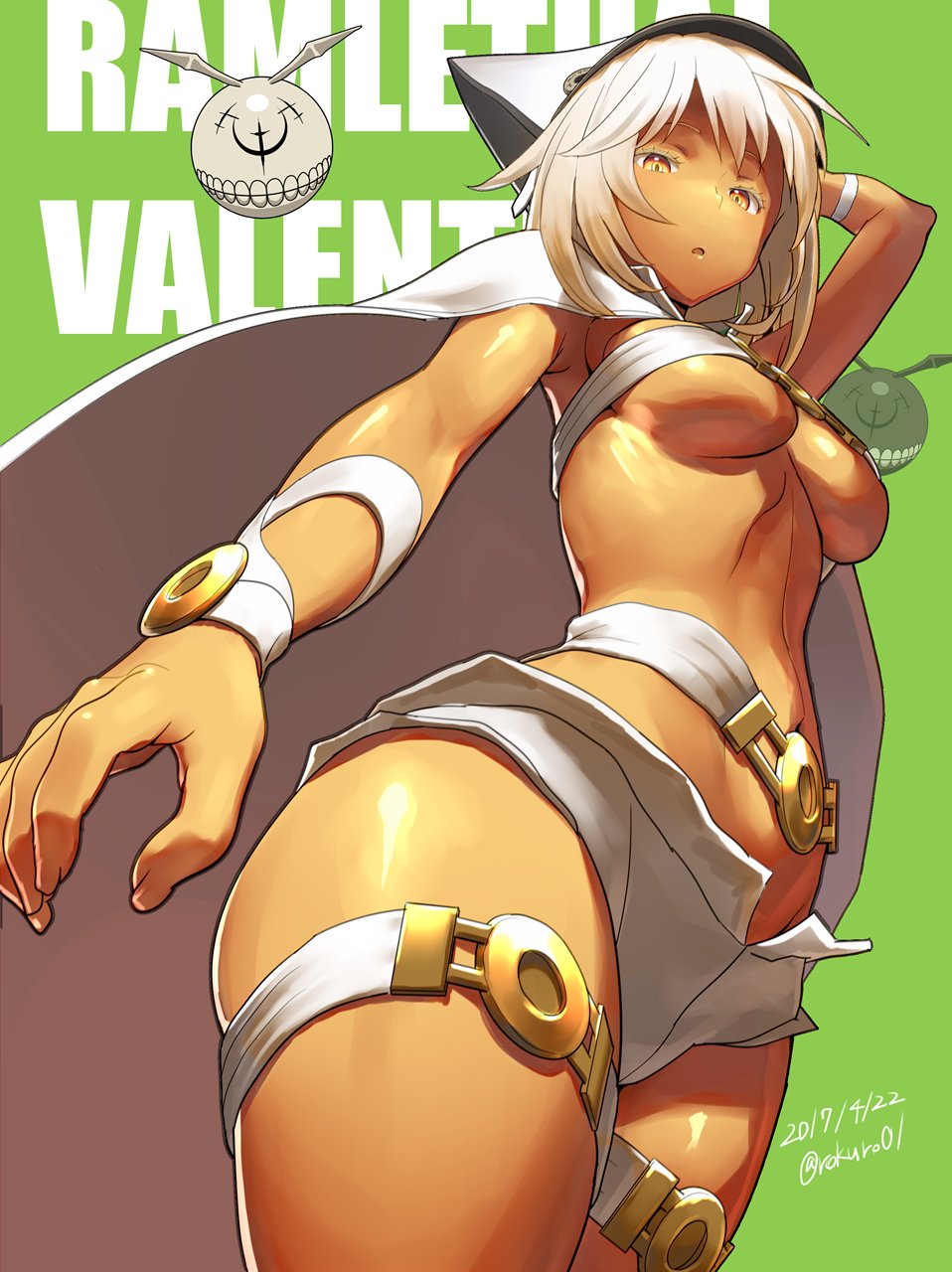 1girl :o arm_up belt beltbra breasts cape dark_skin dated from_below green_background guilty_gear guilty_gear_xrd hat highres large_breasts looking_at_viewer looking_down navel open_mouth orange_eyes ramlethal_valentine short_hair short_shorts shorts simple_background solo standing thigh_strap twitter_username under_boob white_hair zaki_(narashigeo)