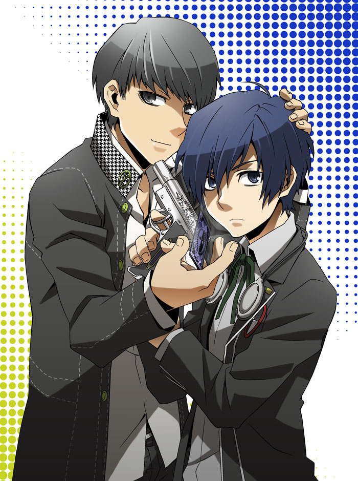 2boys blue_eyes blue_hair card grey_eyes grey_hair halftone halftone_background hand_on_another's_head houndstooth multiple_boys narukami_yuu persona persona_3 persona_4 ribbon school_uniform yanga_yanga yuuki_makoto