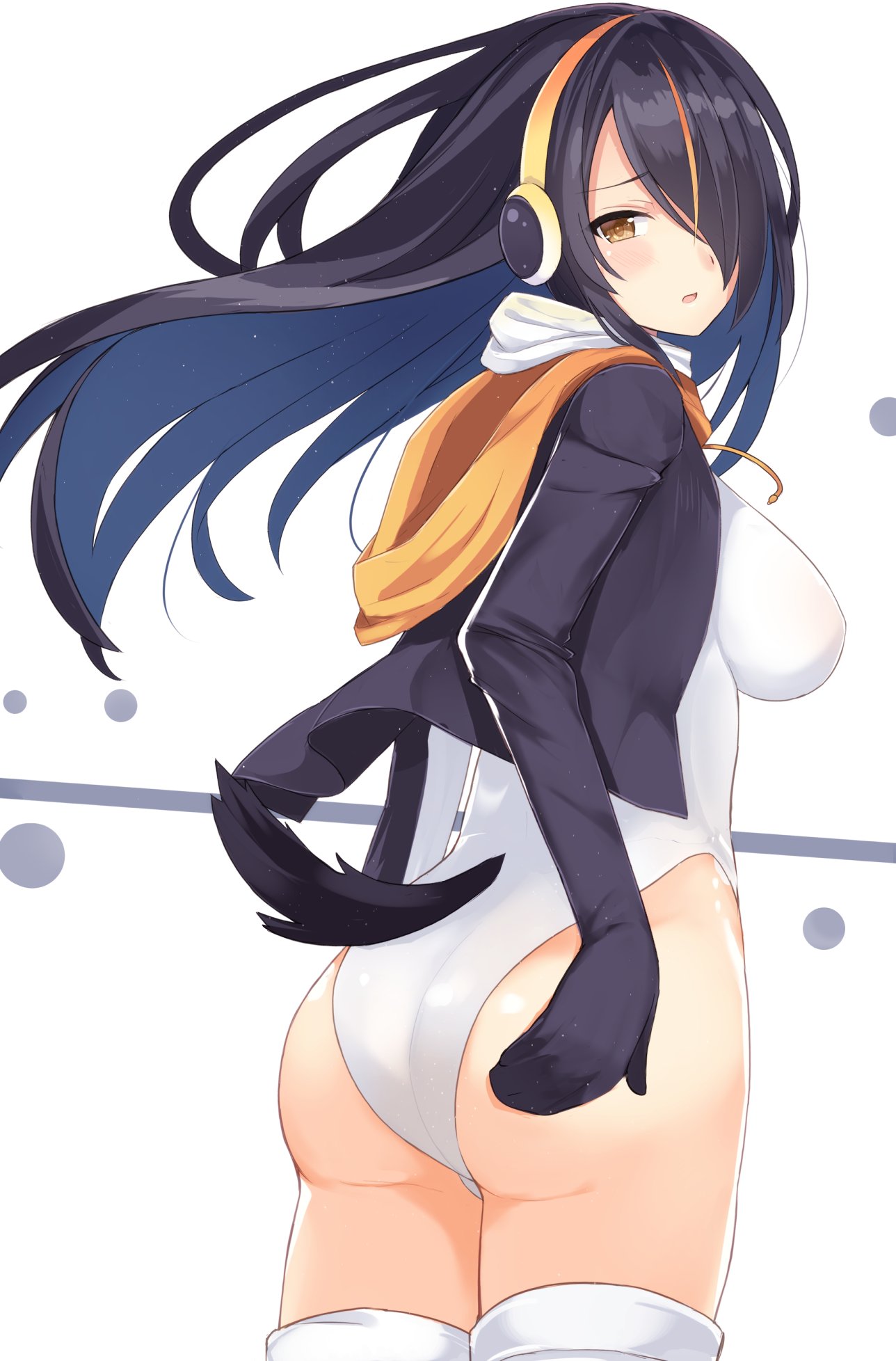 1girl black_hair black_jacket brown_eyes cowboy_shot emperor_penguin_(kemono_friends) from_behind hair_over_one_eye headphones highleg highleg_leotard highres hood hoodie huuyu_1z jacket kemono_friends leotard long_hair looking_at_viewer looking_back multicolored_hair solo tail thigh-highs white_legwear white_leotard